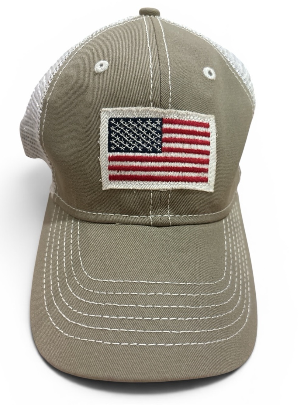 USA Flag Patch Trucker Hat Khaki Mesh Back Baseball Cap Adjustable